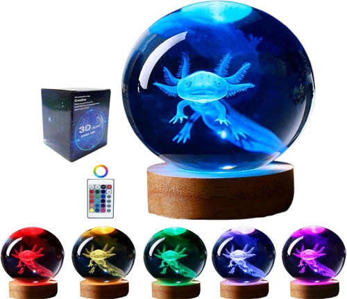 Axolotl Tank Setup, Axolotl lamp,3.15 inch 3D K9 Crystal Ball Axolotl